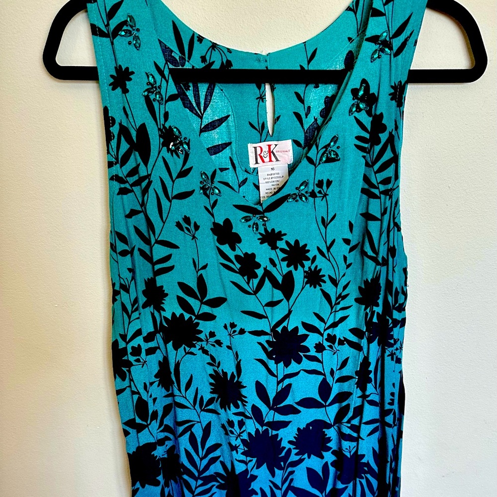 R&K Original Size 16 Ombré Blue Teal Floral Sun Dress With Gems Sleeveless VTG